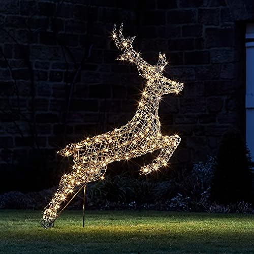 Image of the Lights4fun Outdoor LED Reindeer Leaping Stag Christmas Light Up Rattan Figure Garden Display Decoration with 240 Dual Colour LEDs Plug In with Timer 1.4m 