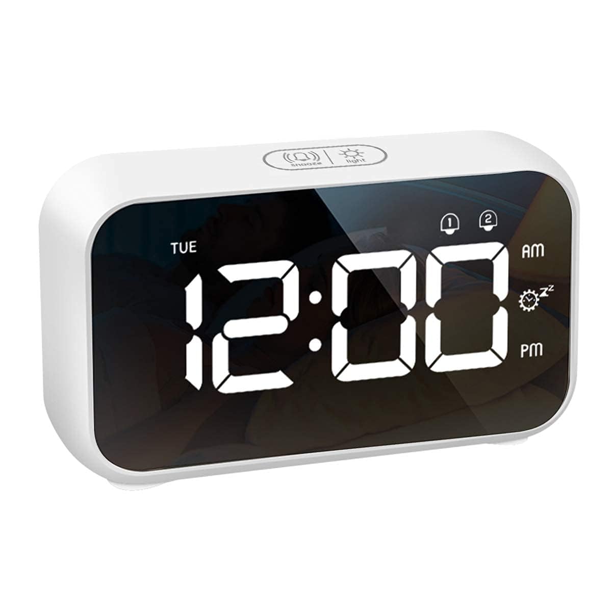 LATEC Digital Alarm Clock Bedside LED Display 40 Alarm Sounds, Adjustable Alarm Volume & Brightness, Snooze, Dual Alarms, USB Charger, 12/24H, Week Display, Home Office Travel (White)