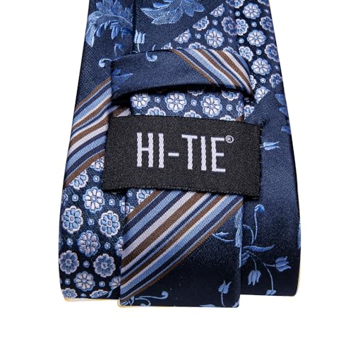 Image of Hi-Tie Men 63inches Tie Set Extra Long Necktie Paisley Tie Pocket Suqare Cufflinks Big and Tall Men Tie,Blue White Floral