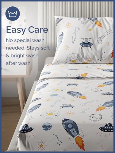Image of Kids Queen Space Rockets Bed Sheets - 4 Piece Kids Space Rockets Sheet Set | Space Rockets Themed Bedding, Ultra-Soft, Cute & Cozy, Breathable & Machine Washable, Bed Set for Boys, Girls & Teens, Comfy