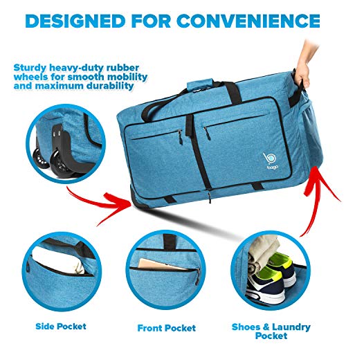 Wheeled Duffle Bag Luggage - 100L Large Rolling Duffel Bag 30 inch Folding Duffle Bag For Travel - Packable Duffle Bag With Rollers (Snow Blue)