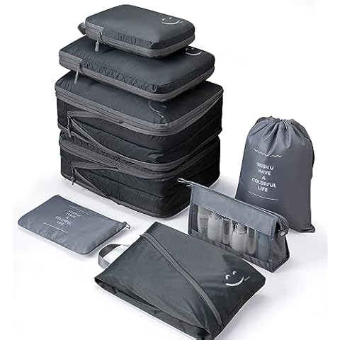 Meowoo Packing Compression Cubes, Ultralight Large Luggage Organizers For Suitcase, Double Layer Space And Rip Resistant, With Laundry Bag, Sundry Bag, Shoe Bag And Toiletry Bag, Grey, 8pcs Cover