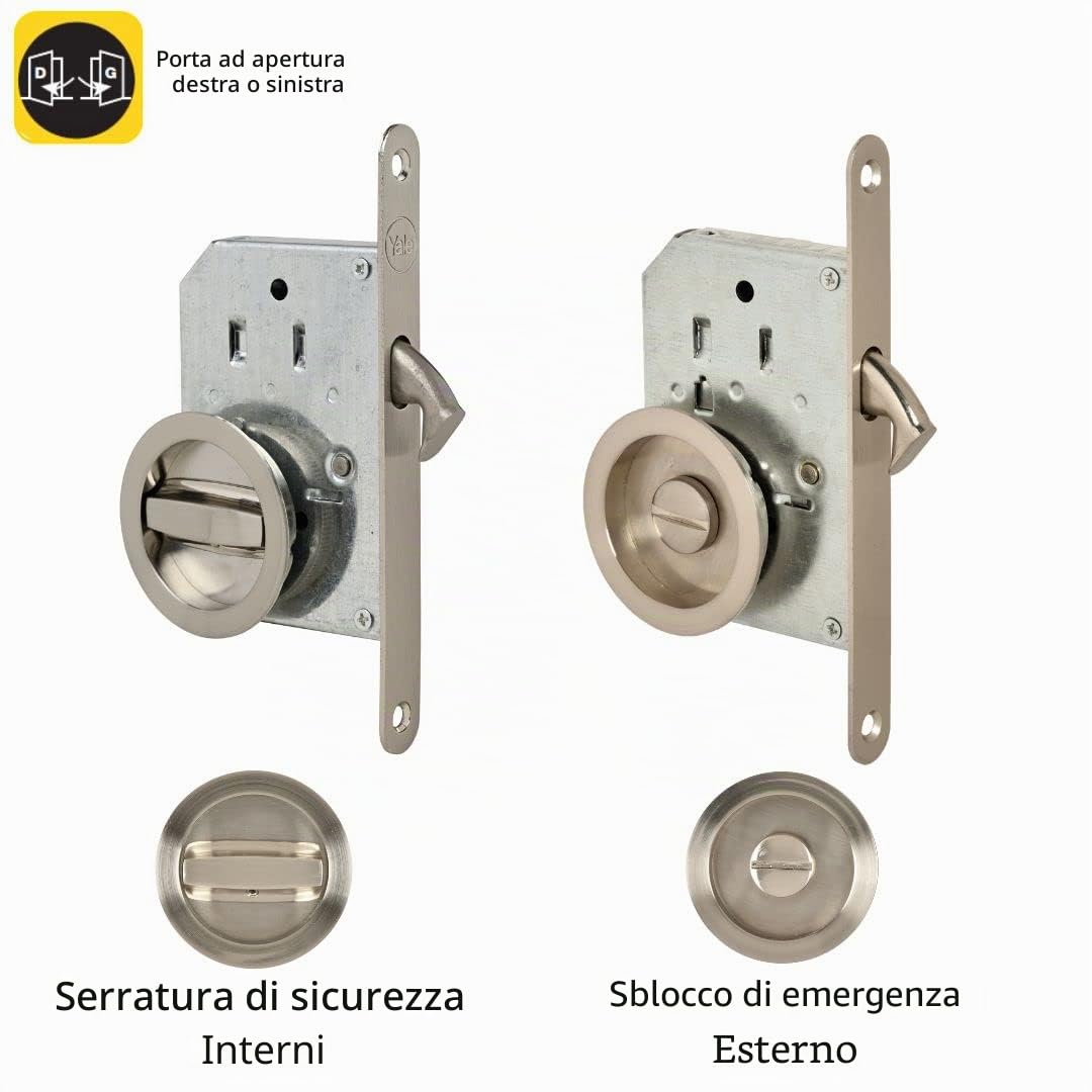 Yale Kit serratura per porta scorrevole, serratura a condanna e manici rotondi incassati, diametro interno maniglie 48 mm, acciaio finitura nichelata spazzolata, incluso tiratappo, vite