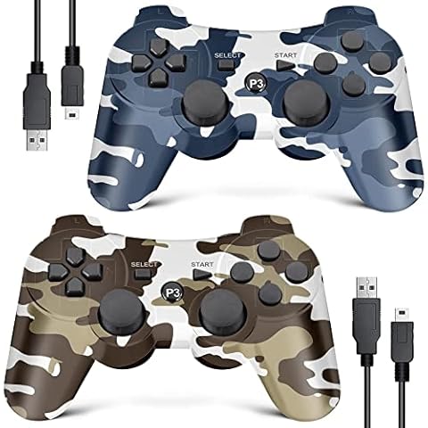 PS3 Controller Wireless 2 Pack, Upgraded Joystick Controller for PS3 with Double Shock, Motion Control (Camo Brown and Camo Blue) Cover