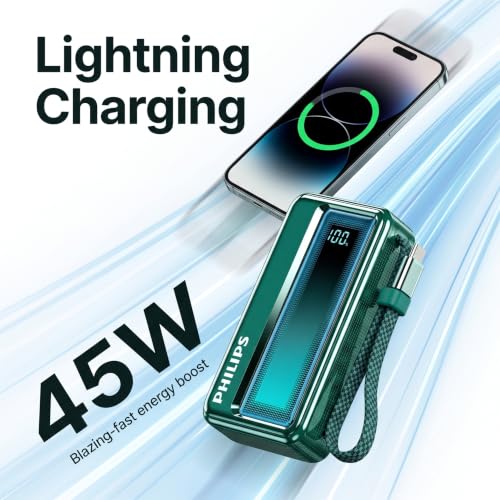 Image of Philips DLP2721NC /94 20000mAh 45W Fast Charging Power Bank with Built-in Type-C Cable (Chrystal Teal) | Digital LED Display | Lithium Polymer | 2 Type-C & USB-A | Pocket Size | Travel-Friendly