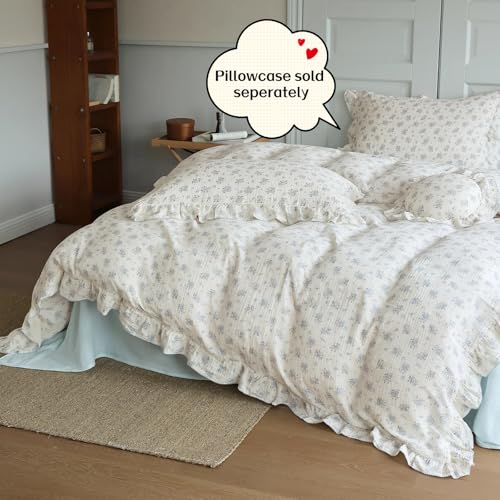 Image of BuLuTu Cottage Chic Ruffled Duvet Cover Full, Blue Floral Quilt Cover 79 inchx90 inch, 1 PC, Soft Muslin Cotton Comforter Cover Farmhouse Bedding Duvet Cover, No Comforter Insert /Pillowcase