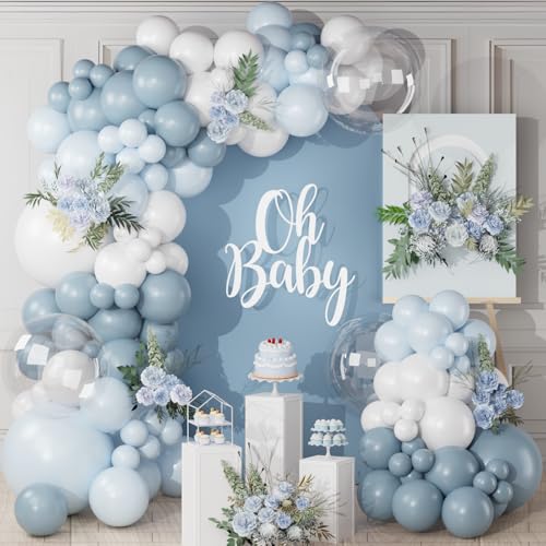 Arche Ballon Anniversaire Bleu Blanc, 122pcs Kit Arche Ballon Bleu Blanc avec Transparent Bleu Macaron, Ballons Baby Shower, Décoration Anniversaire Garçon...