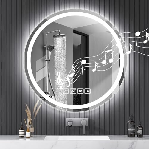 Bellanny Espejo Baño con Luz, 60cm Redondo Espejo de Pared, LED Espejos Retroiluminado con Bluetooth y Función Antivaho, 3000K/4000K/6500K Regulable, Ajuste de Brillo, Memoria, IP44 para Case,Hotel
