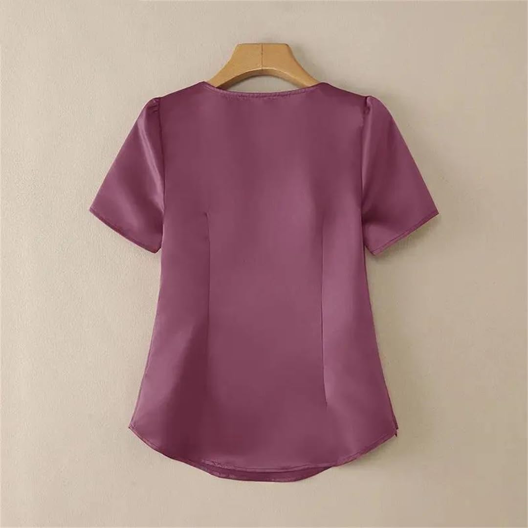 Yeuyyben Camicette eleganti da donna in raso con scollo a V manica corta annodato fiocco tinta unita top donna camicia da festa