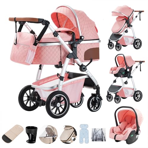 Zkiprm Cochecito 3 en 1, Sistema de Viaje con Asiento de Coche, Cochecito y Capazo, Carrito Ajustable en Altura, Silla de Paseo con mosquitero, Chasis de Aluminio, para niños de 0 a 4 Rosa