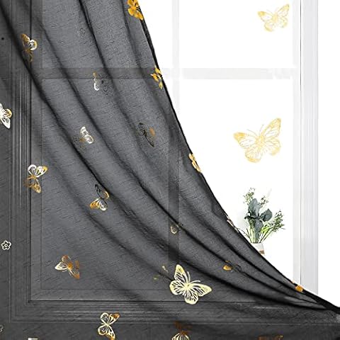 Jubilantex Black and Gold Butterfly Sheer Curtains Panels for Kids, Linen Texture Metallic Print Patterned Voile Rod Pocket Drapes 84 Inch for Nursery, Living Room, Bedroom, 2 Panels Cover