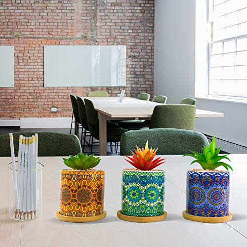 Succulents Plants Artificial Fake Plants Potted - Artificial Plants In Exquisite Mandala Pattern Ceramic Pots, Plant Decor For Office Bedroom Tabletop Faux Plant Indoor Decor Sets Of 3 (Mandala Pot) #TOP7