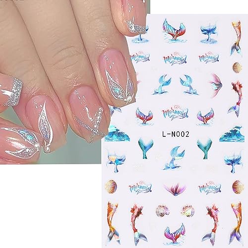 Lopmnght LOPMNGHT-173 8 Sheets Ocean Animals Nail Art Sticker 3D Self-Adhesive Laser Mermaid Jellyfish Design Nail Decals Starfish Dolphin Colorful Shell Nail Art Sticker Decoration thumb #2