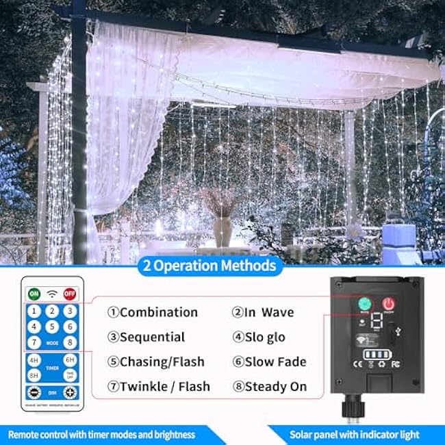 Solar Curtain Lights 10*10Ft 300LED Waterproof Waterfall Light with 8 Modes Remote Type C Charging Dimmable Timer Twinkle Fairy String Lights for Outdoor Christmas Gazebo Wedding Party Pergola Patio