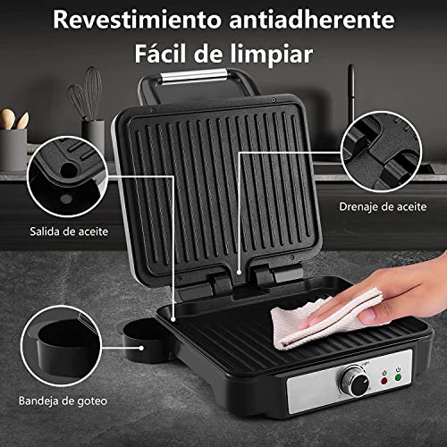 Tiastar Plancha Grill Doble 1800W - Placas Antiadherentes - Apertura 180º - Acero Inoxidable
