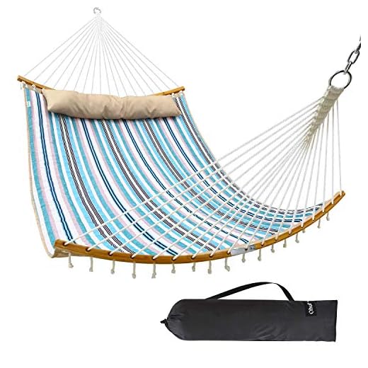 Ohuhu Double Hammock Quilted Fabric Swing with Strong Curved-Bar Bamboo & Detachable Pillow, 55"x75" Large Hammocks with Carrying Bag, 4.6'W x 6.2'L, Blue & White Stripe