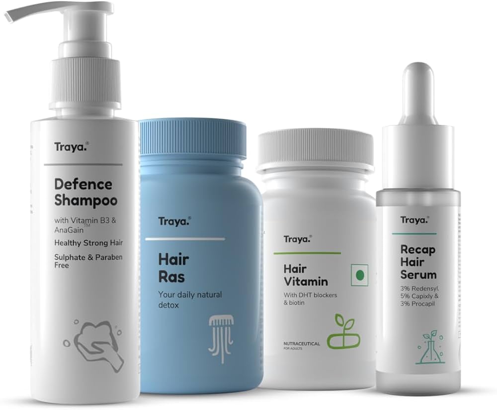 Buy Traya Hair Growth Kit | Contains Hair Ras + Hair Vitamins + Recap Serum + Defence Shampoo with Biotin, Vitamin B3, Bhringraj, Ashwagandha, Redensyl, & Procapil | Strong and Healthy Online