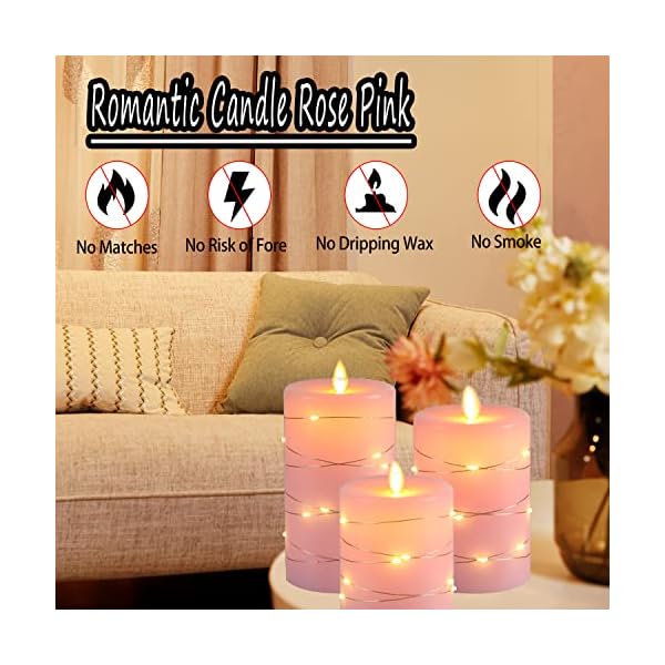 Fanzir Pink Flameless Candles with String Lights Battery Operated Flickering LED Pillar Candles
