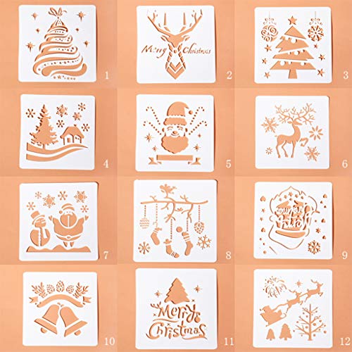 12 PCSプレミアムホロウアウトペインティングテンプレートクラシッククリスマステーマデザインクリスマスグラフィティステンシルDIY装飾のためのステンシル