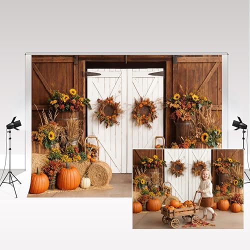 Kate Automne Photographie Toile de Fond 2.2x1.5m/7x5ft Récolte d'automne Porte de Grange Citrouille Grange Toile de Fond Décoratif Animal Enfants Anniversaire Famille Portrait Photo Fond