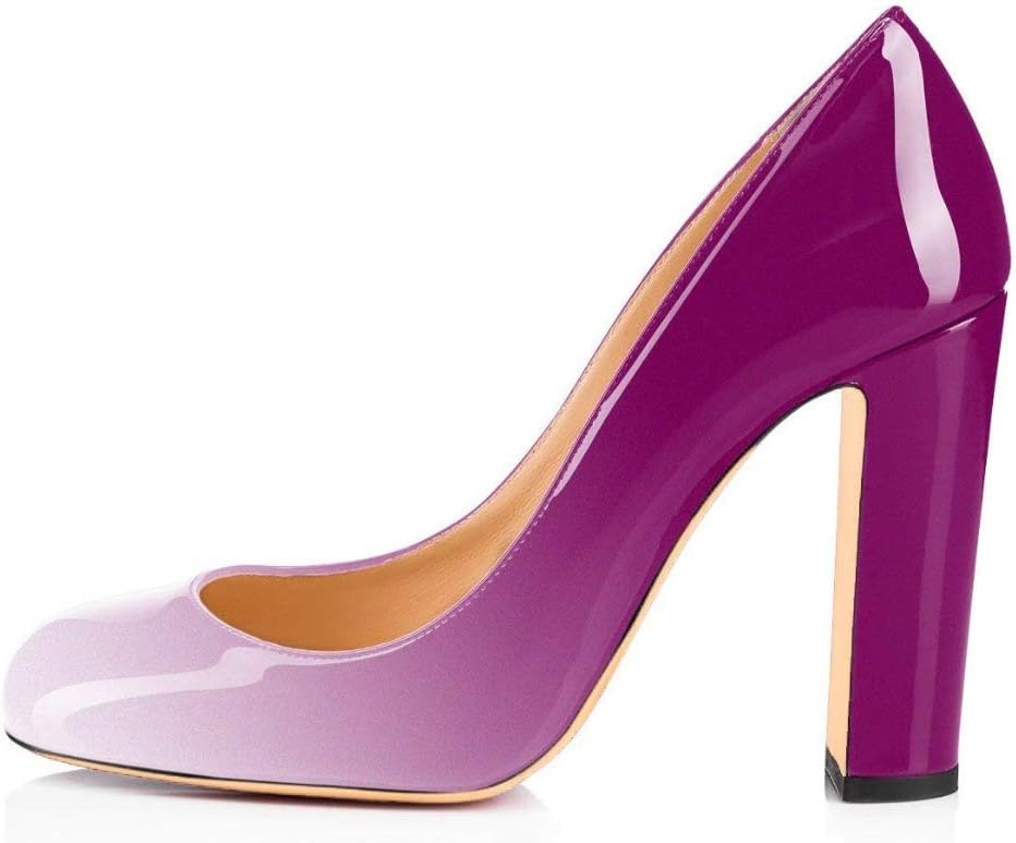 Fericzot Pumps Women Sexy Patent Leather Round Toe Block Heels Pumps Gorgeous Evening Party Wedding Shoes Plus Size Gradient Purple 8M