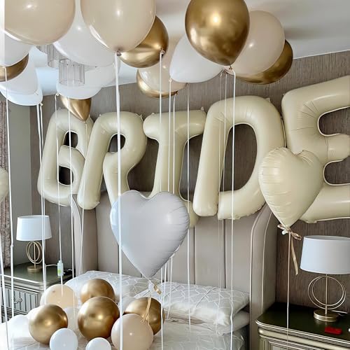 Image of 40 Inch Beige BRIDE Balloons Bachelorette Bridal Shower Party Decorations | Cream White Bride To Be Mylar Foil Letter Balloon Banner Sign for Engagement Camp Bach Party Favors Wedding Gift Accessories