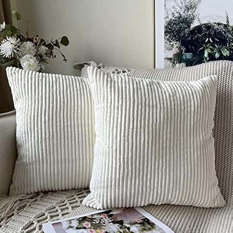 Throw Pillow Covers 18 x 18, Set of 2 Striped Velvet Corduroy Couch Pillow Covers Decorative Pillows for Home Sofa Bed Decoration (White) Cover