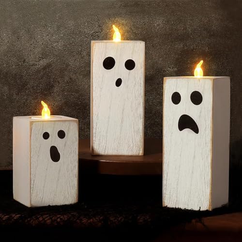 3 velas LED de Halloween, suporte de velas fantasmas de madeira, velas decorativas, decoração de mesa de Halloween
