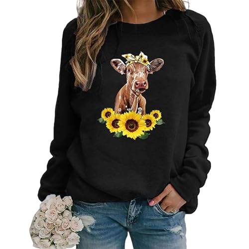 MaroYanYML Fattoria Mucca Stampa Donne Felpe Casual T-Shirt Autunno Crewneck Manica Lunga Tops Taglia Forte Pullover Maglione