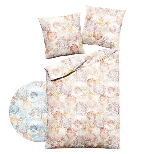 Dormisette Edel Biber Kuschel Bettwäsche 2 TLG. 135x200cm Blau Beige Bunt Ornamente, Farbe:Beige