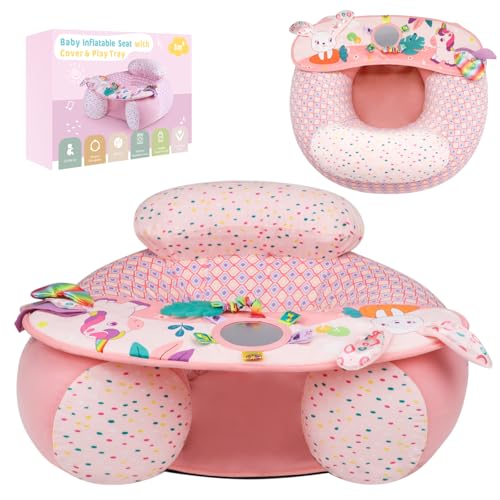 Blublu Park Baby Inflatable Seat with Cover for Babies 3-36 Months, Portable Baby Chair Sit Me Up Floor Seat with Detachable Activity Sensory Tray, Baby Seats for Sitting up, Unicorn