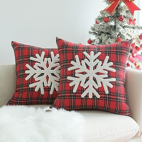 JOJUSIS Pack of 2 Christmas Throw Pillow Covers Plaid Scottish Tartan Cushion Case Snowflake Embroideried Pillowcases for Sofa Couch Bedroom (Red, 20 x 20-Inch) Cover