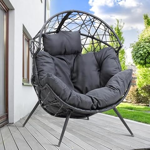 GOOGIC Wicker Egg Chair, Indoor Egg Chair with Legs and Thicked Cushion, Outdoor Egg Lounge Chair with Steel Frame for Patio, Backyard,Living Room,Garden- Dark Gray Cover