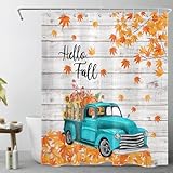 LB Hello Fall Shower Curtain Vintage Blue Truck Pumpkin Sunflower Autumn Maple Leaves Rustic Wood Plank Thanksgiving Harvest Shower Curtains for Bathroom Set Decor with Hooks 60x72 inch Fabric