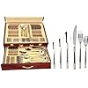 Venezia Collection “Luxor” 75-Piece Fine Flatware Set, Silverware Cutlery Dining Service for 12, Premium 18/10 Surgical Stainless Steel, 24K Gold-Plated Hostess Serving Set with Wooden Storage Case