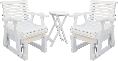 Silla planeadora para exteriores, juego de muebles de patio de madera de 3 piezas con mesa redonda, portavasos, respaldo alto y asiento contorneado