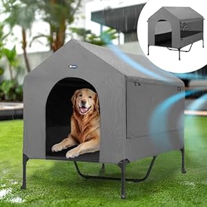 Veehoo Dog House 2 in 1 Large Elevated Cot Dog Bed Dog House Outdoor Indoor Weatherproof Cozy Outside Dog Shade Dog Tent Three Sided Breathable Mesh Windows and Sunshades CWC2435CP