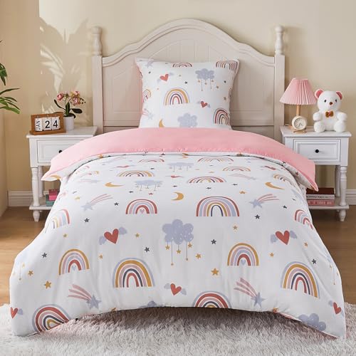 Yasida Juego de ropa de cama con diseño de arco iris de 135 x 200 cm, color rosa con rayas de arcoíris, nubes, estrellas, lunas, corazones para niñas, funda nórdica de 135 x 200 cm y funda de almohada