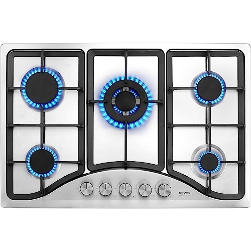 VEVOR 30 inch 5 Burners Cooktop Max 12250BTU Built-in Stainless Steel Stove Top LPG/NG Convertible Dual Fuel Natural Gas Hob with Thermocouple Protection for Outdoor Kitchen, Camping, RV, Silver