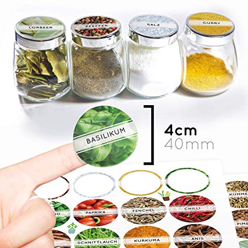 Foto von 44x Gewürzetiketten/Gewürzaufkleber (4cm/40mm) - Runde Etiketten selbstklebende, leicht abziehbar und abwischbare Sticker: Für Gläser oder Dosen +4 Blanco-Aufkleber zum selbst beschriften