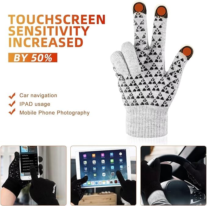 Nertpow Winter Gloves Touchscreen Gloves 3 Packs, Gloves for Men Knit Anti-slip(Black&Dark_Gray&Coffee_White-L)-001