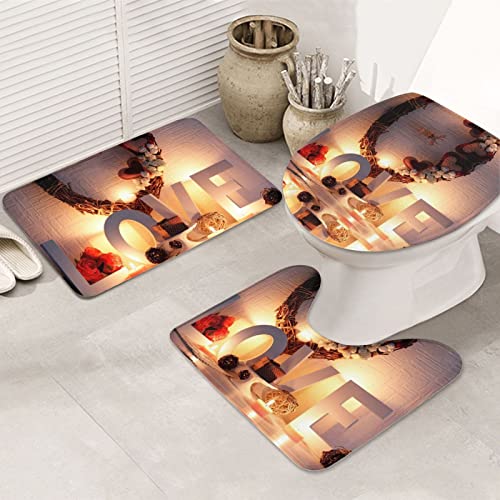 Happy Valentine's Day Print Rug Mats Pads Badvorleger Badezimmerteppich Set 3 Stück + Konturteppich + Toilettendeckelbezug
