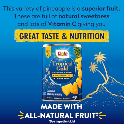 Dole Canned Fruit, Tropical Gold Pineapple Chunks in 100% Pineapple Juice, Gluten Free, Pantry Staples, No Sugar Added, 20 Oz, 6 Count