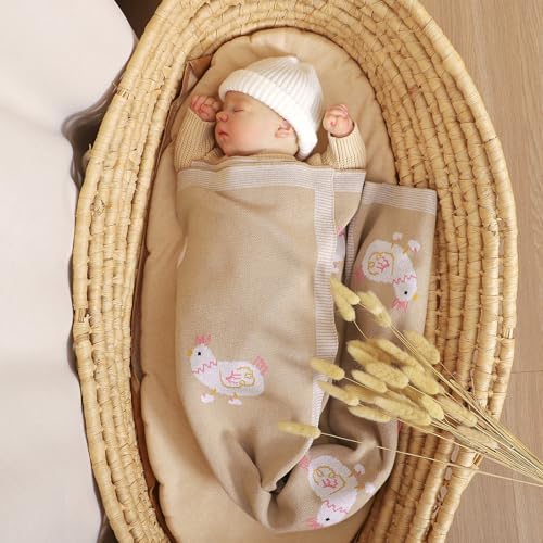 Image of mimixiong Baby Blanket Knit Receiving Boys Girls Blanket Soft Cotton Neutral Blanke for Swaddle Crib Stroller with Cute Sheep (Chicken-Beige, 30x40 Inch (Pack of 1))