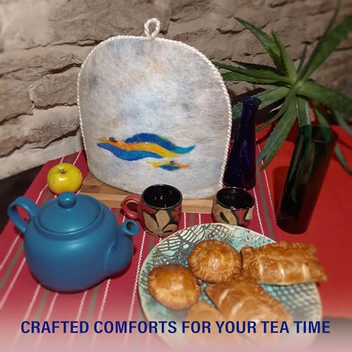 Image of Tea Cozy for Teapot Large - Keep Your Brew Warm and Stylish with This Felted Tea Cosy, Enhancing Flavor and Aesthetics - Fits 6-Cup Teapot & 34oz French Press (Sea Waves)