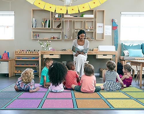 Flagship Carpets Happy Squares Educational Area Rug for Kids Room Seating Décor, Children's Classroom, Play Carpet for Teaching and Playroom, Seats 24, 7'6"x12', Multi-Color