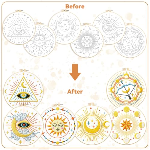 Image of BEUNITONE 6Set Tarot Embroidery Kit for Beginners with Dreamy Pre-print Patterns, DIY Craft Kits for Adults Women with Embroidery Hoops and Full Kits, Needlepoint Kits for Home Decor and Gifts 20x20cm
