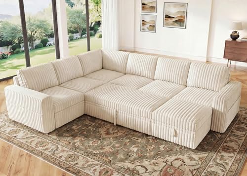 Image of HONBAY Modular Sectional Sleeper Sofa with Pull Out Bed,Corduroy U Shaped Couch with Storage, Sectional Couches for Living Room,Beige