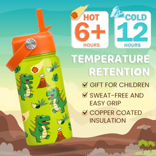 Image of SANDJEST Dinosaur Water Bottle - Water Bottle with Straw Lid for Kids - 12 Oz Insulated Stainless Steel T-Rex Bottles for Kid Boys - Travel Cup for School Sports