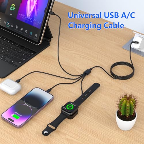 Image of 6in1 Multi Charging Cable for Apple Watch Charger, 10FT USB A /C Fast Charging Cord Cable Compatible with iWatch Ultra /SE /9 /8 /7 /6 /5 /4 /3 & iPhone 15 /14 /13 /12 /11 /Galaxy, Black Universal Travel Charger